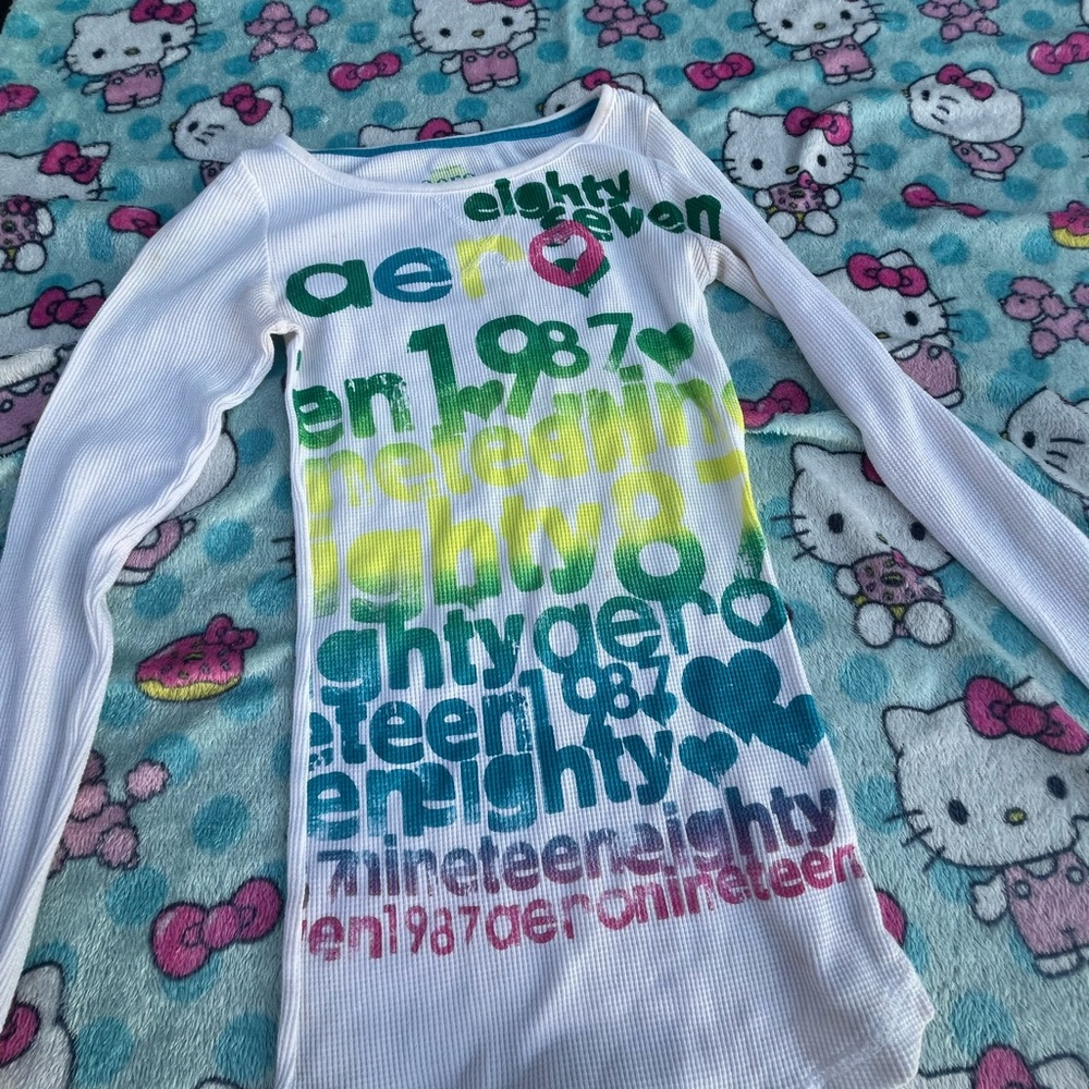 Aeropostale White Long Sleeve Tee with Multicolor Print
